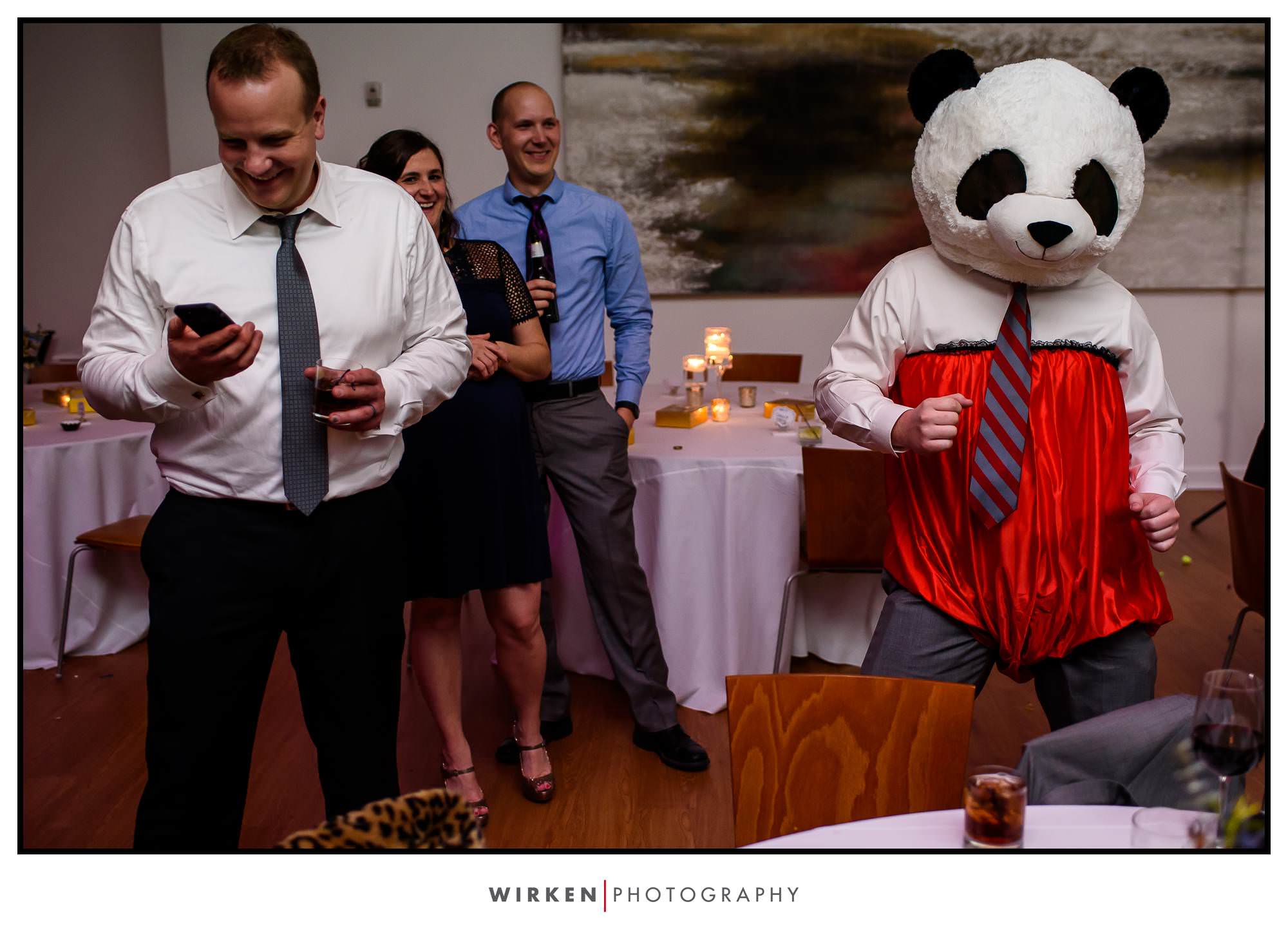 A panda costume at Leah and Ryans The Gallery Center Wedding Reception